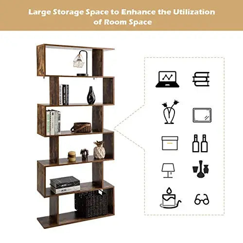 Tangkula 6 Shelf Bookcase | Modern S-Shaped Style Bookshelf - Coffee Tangkula