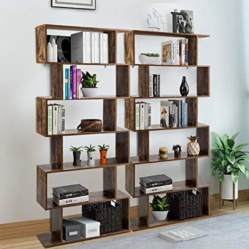 Tangkula 6 Shelf Bookcase | Modern S-Shaped Style Bookshelf - Coffee Tangkula