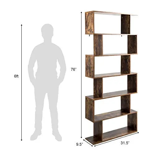 Tangkula 6 Shelf Bookcase | Modern S-Shaped Style Bookshelf - Coffee Tangkula