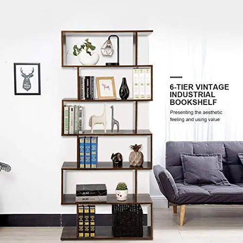 Tangkula 6 Shelf Bookcase | Modern S-Shaped Style Bookshelf - Coffee Tangkula