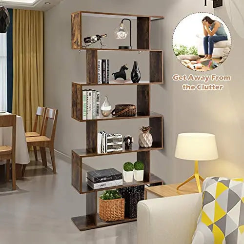 Tangkula 6 Shelf Bookcase | Modern S-Shaped Style Bookshelf - Coffee Tangkula