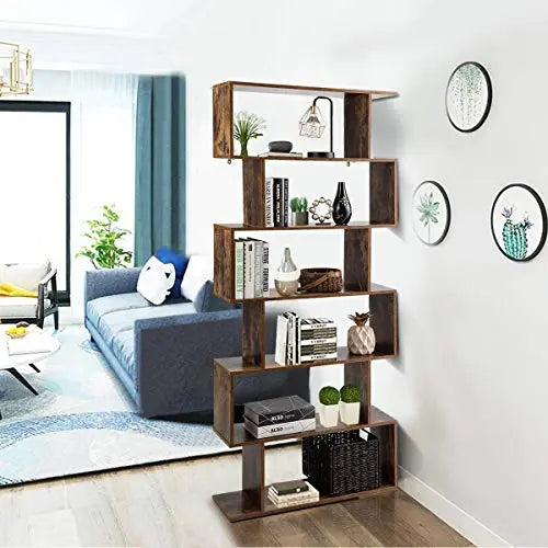 Tangkula 6 Shelf Bookcase | Modern S-Shaped Style Bookshelf - Coffee Tangkula