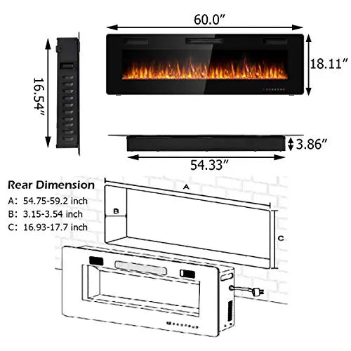 Tangkula 60" Recessed Electric Fireplace, Mounted Electric Heater - Black Tangkula