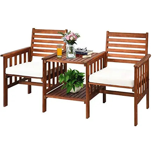 Tangkula Furniture | Outdoor Table and Chairs 3-PC Set - Brown/White Tangkula