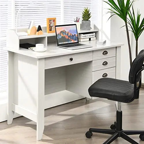 Tangkula Office Desk | Vintage Desk, Hutch, Drawers + Shelves - White Tangkula