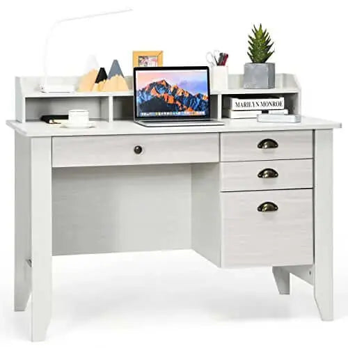 Tangkula Office Desk | Vintage Desk, Hutch, Drawers + Shelves - White Tangkula