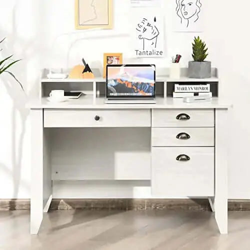 Tangkula Office Desk | Vintage Desk, Hutch, Drawers + Shelves - White Tangkula