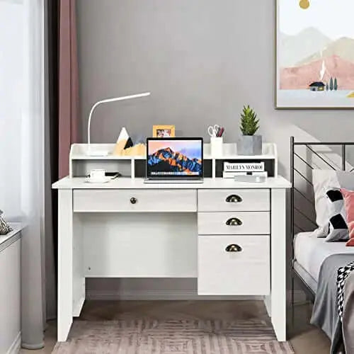Tangkula Office Desk | Vintage Desk, Hutch, Drawers + Shelves - White Tangkula