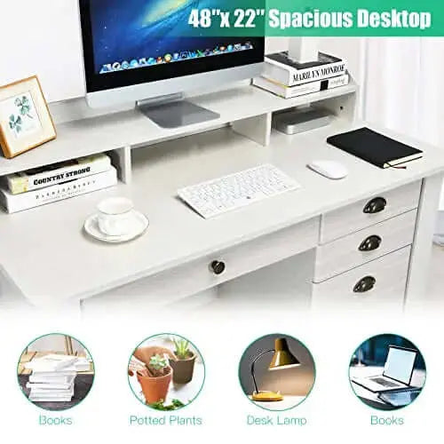 Tangkula Office Desk | Vintage Desk, Hutch, Drawers + Shelves - White Tangkula