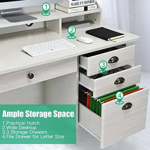 Tangkula Office Desk | Vintage Desk, Hutch, Drawers + Shelves - White Tangkula