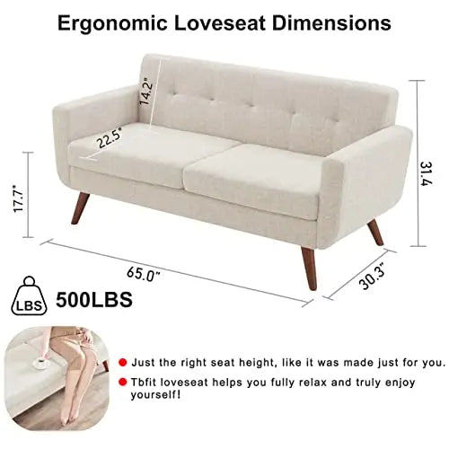 Tbfit Loveseat Sofa, 65" W, Modern Button Tufted Upholstered Sofa - Beige 