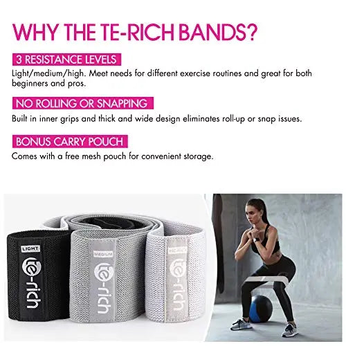 Te-Rich Resistance Bands for Legs and Butt, Fabric Workout Loop Bands - Set of 3 Te-Rich