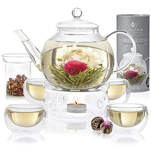 Teabloom Teapot | Celebration Complete Glass Tea Set, Stovetop Safe, 40 OZ