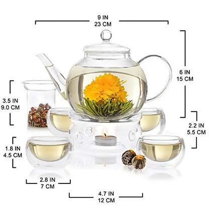 Teabloom Celebration Complete Tea Set  Stovetop Safe Glass Teapot - 40 OZ / 1.2 L Teabloom