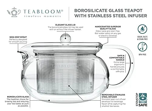 Teabloom Kyoto 2-in-1 Tea Kettle and Tea Maker  Stovetop Teapot with Removable Loose Tea Infuser - 24 oz / 700 ml Teabloom