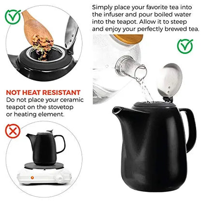 Tealyra Teapot | Large Ceramic Teapot With Extra-Fine Infuser, 47 OZ - Black Tealyra