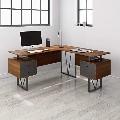 Techni Mobili Computer Desk, L-Shape | Drawers, File Cabinet - Walnut Techni Mobili