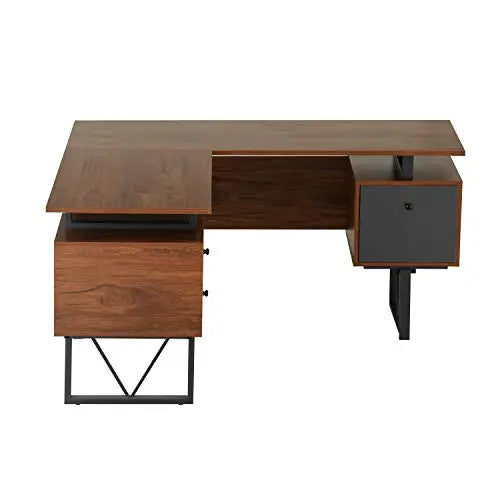 Techni Mobili Computer Desk, L-Shape | Drawers, File Cabinet - Walnut Techni Mobili