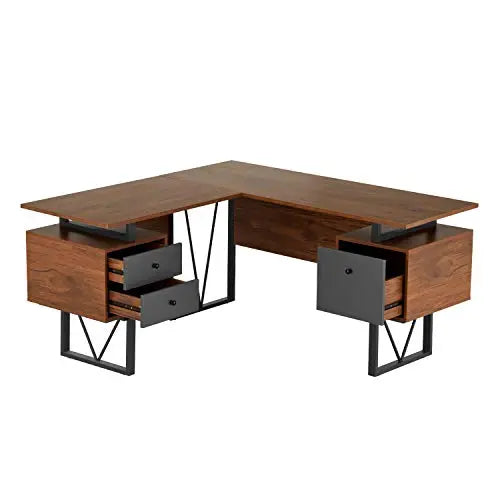 Techni Mobili Computer Desk, L-Shape | Drawers, File Cabinet - Walnut Techni Mobili