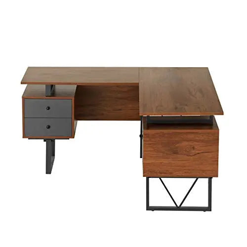 Techni Mobili Computer Desk, L-Shape | Drawers, File Cabinet - Walnut Techni Mobili