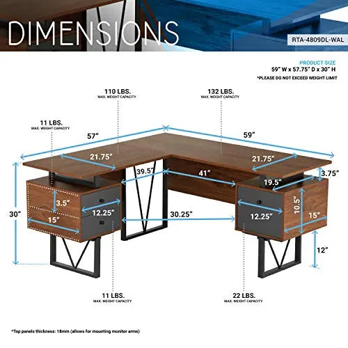 Techni Mobili Computer Desk, L-Shape | Drawers, File Cabinet - Walnut Techni Mobili