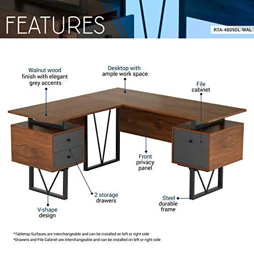 Techni Mobili Computer Desk, L-Shape | Drawers, File Cabinet - Walnut Techni Mobili