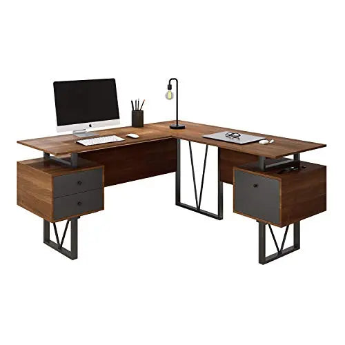 Techni Mobili Computer Desk, L-Shape | Drawers, File Cabinet - Walnut Techni Mobili