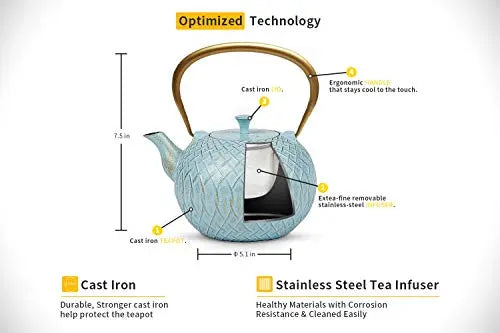 Toptier Japanese Cast Iron Tea Kettle with Infuser, 34oz - Turquoise toptier