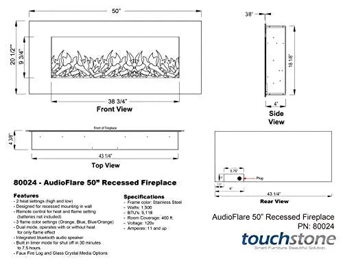 Touchstone 50" Stainless Electric Fireplace with Bluetooth Speaker  3 Color Flame Touchstone