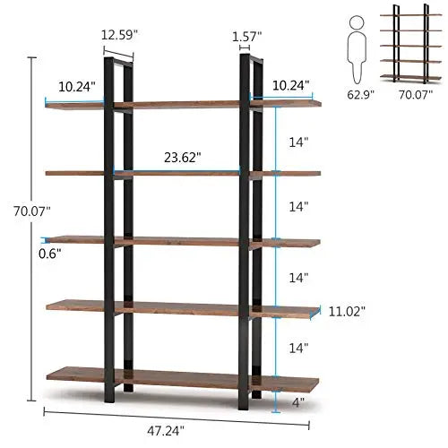 Tribesigns 5-Tier Bookshelf | Industrial Bookcase 72" - Retro Brown Tribesigns