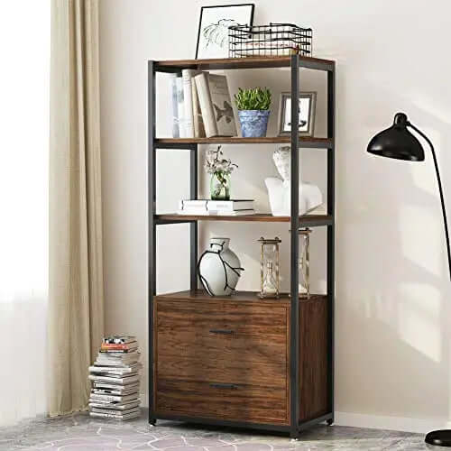 Tribesigns Bookcase | 4-Tier Rustic Bookshelf with 2 Drawers - Brown Tribesigns