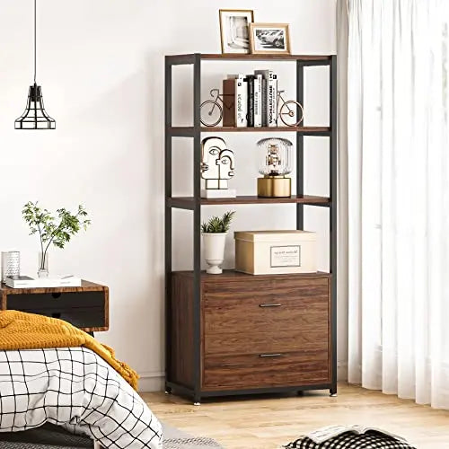 Tribesigns Bookcase | 4-Tier Rustic Bookshelf with 2 Drawers - Brown Tribesigns