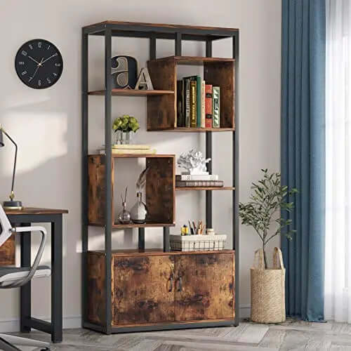 Tribesigns Bookcase with Doors, 4-Tier Industrial Bookshelf - Rustic Tribesigns