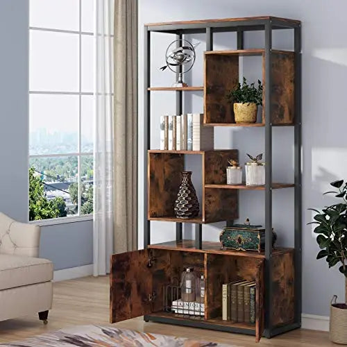 Tribesigns Bookcase with Doors, 4-Tier Industrial Bookshelf - Rustic Tribesigns