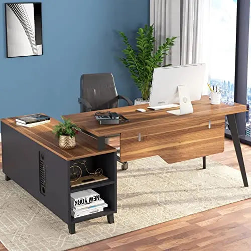 Tribesigns Executive Desk L-Shaped 55" with File Cabinet - Dark Walnut Tribesigns