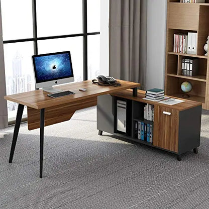 Tribesigns Executive Desk L-Shaped 55" with File Cabinet - Dark Walnut Tribesigns