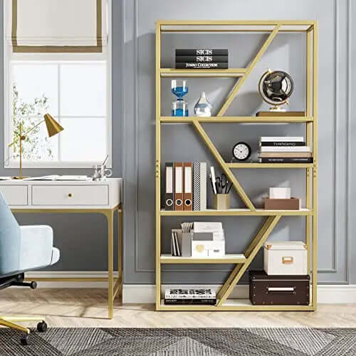 Tribesigns Gold Bookshelf, 7-Shelves Modern Bookcase - Gold/White Tribesigns