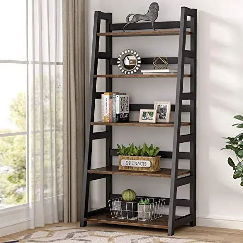 Tribesigns Industrial Bookcase, 5 Shelf Ladder Bookshelf - Brown Tribesigns