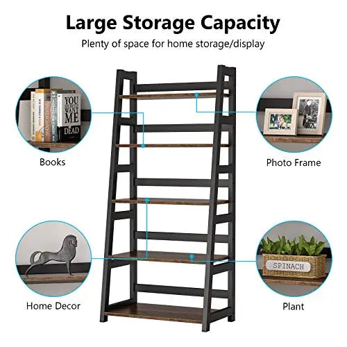 Tribesigns Industrial Bookcase, 5 Shelf Ladder Bookshelf - Brown Tribesigns