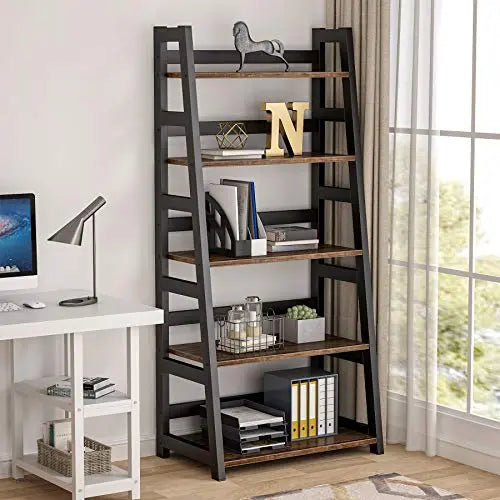 Tribesigns Industrial Bookcase, 5 Shelf Ladder Bookshelf - Brown Tribesigns