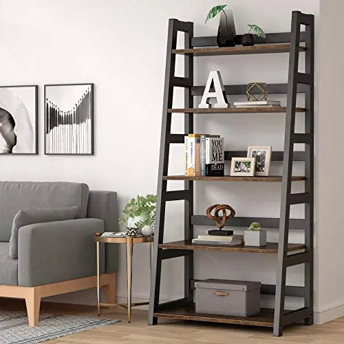 Tribesigns Industrial Bookcase, 5 Shelf Ladder Bookshelf - Brown Tribesigns
