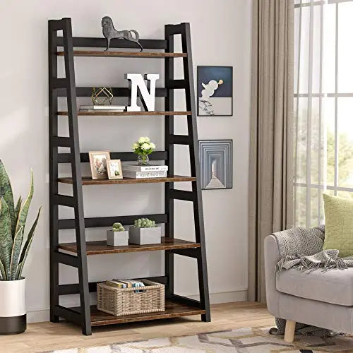 Tribesigns Industrial Bookcase, 5 Shelf Ladder Bookshelf - Brown Tribesigns