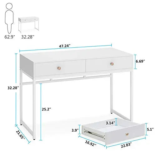 Tribesigns Office Desk | Modern Desk with 2 Drawers, 47" - White Tribesigns