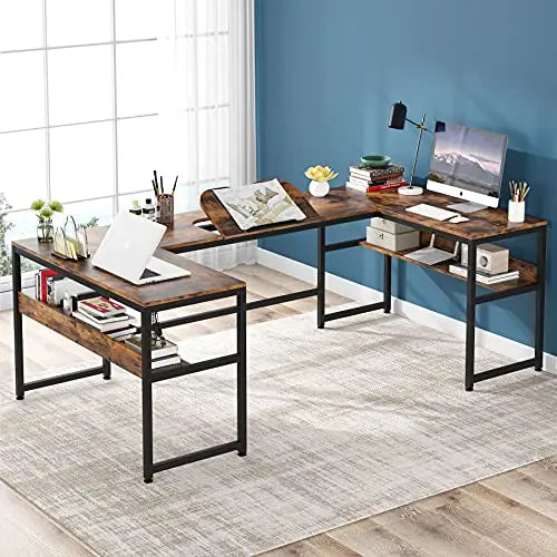 Tribesigns U-Shaped Desk and Tilting Drawing Board - Rustic Tribesigns