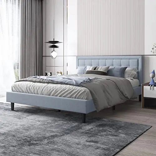 Upholstered Linen Platform Bed Frame, Wood Slat Support - Light Grey WJORATA