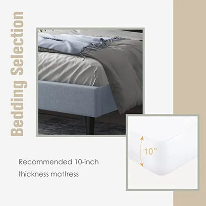 Upholstered Linen Platform Bed Frame, Wood Slat Support - Light Grey WJORATA
