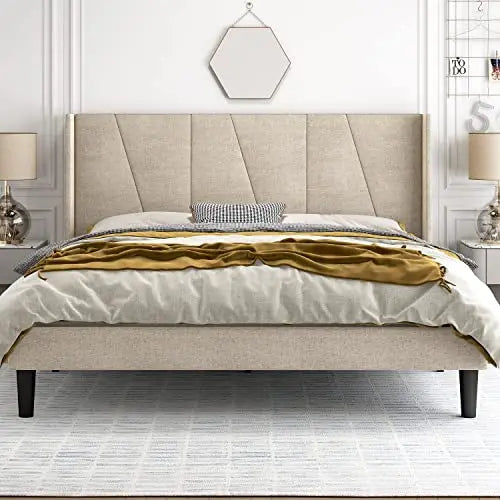 Upholstered Platform Bed Frame with Modern Geometric Design, Wooden Slats - Light Beige HOOMIC