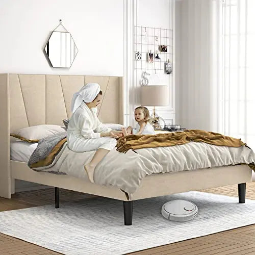 Upholstered Platform Bed Frame with Modern Geometric Design, Wooden Slats - Light Beige HOOMIC