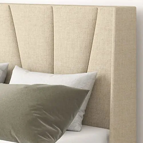 Upholstered Platform Bed Frame with Modern Geometric Design, Wooden Slats - Light Beige HOOMIC