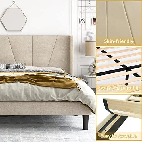 Upholstered Platform Bed Frame with Modern Geometric Design, Wooden Slats - Light Beige HOOMIC